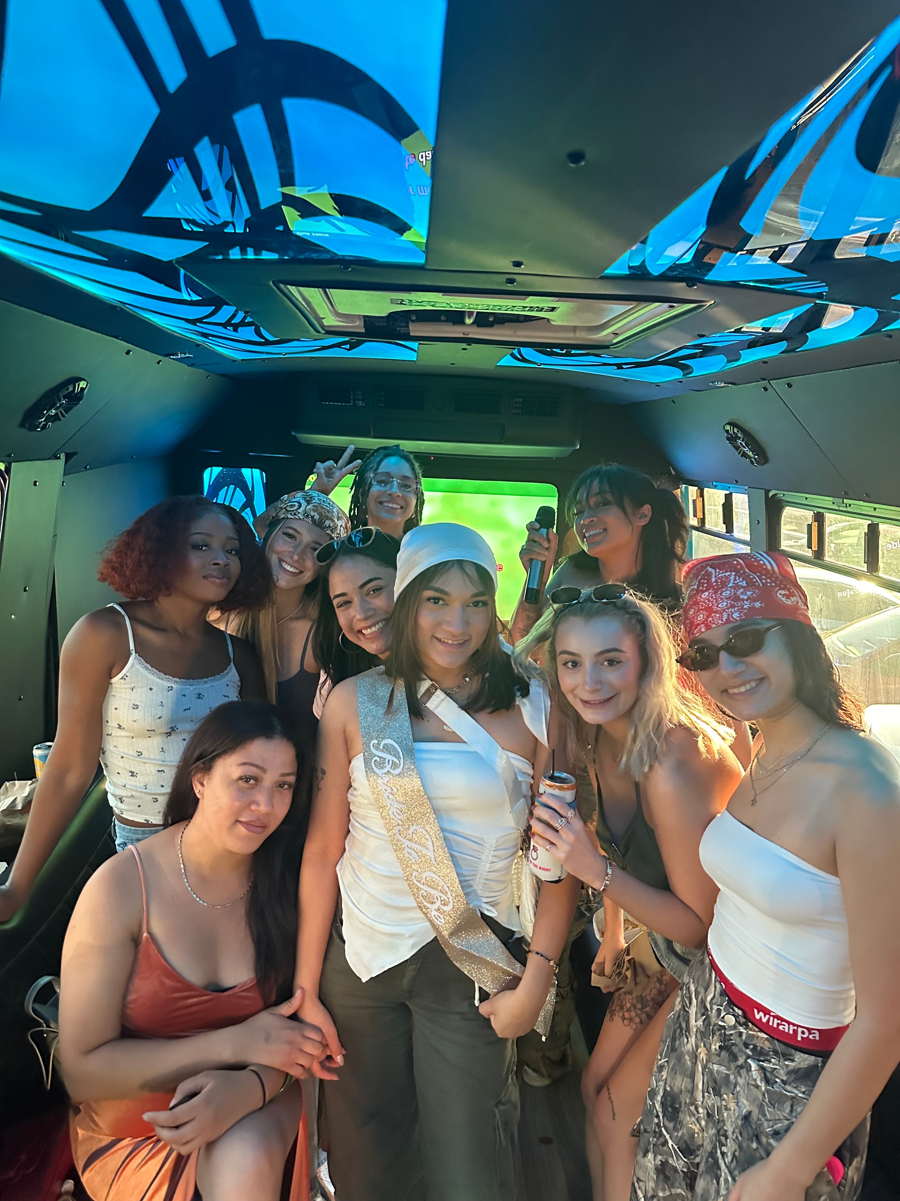 Bridal shower party group on the karaoke bus